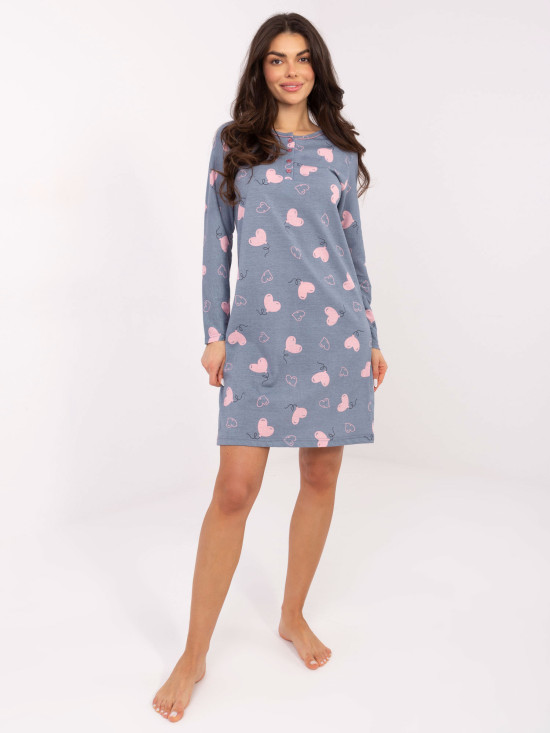 Damska koszula nocna z długim rękawem, ciemnoniebieska, bawełniana