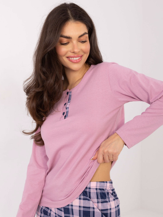 Damska piżama z długim rękawem w różową kratkę