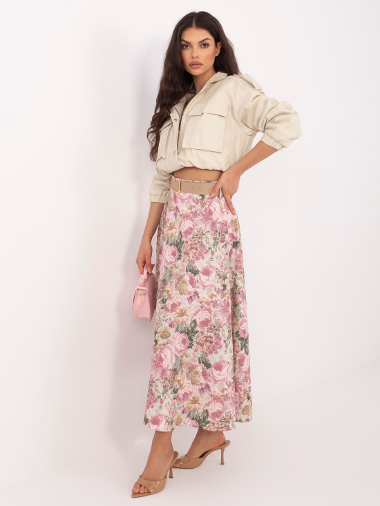 Elegancka spódnica midi w kwiaty z paskiem, różowa