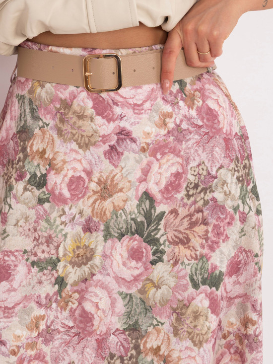Elegancka spódnica midi w kwiaty z paskiem, różowa