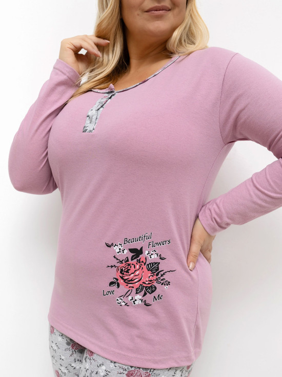 Damska piżama w kwiaty, długi rękaw, różowa