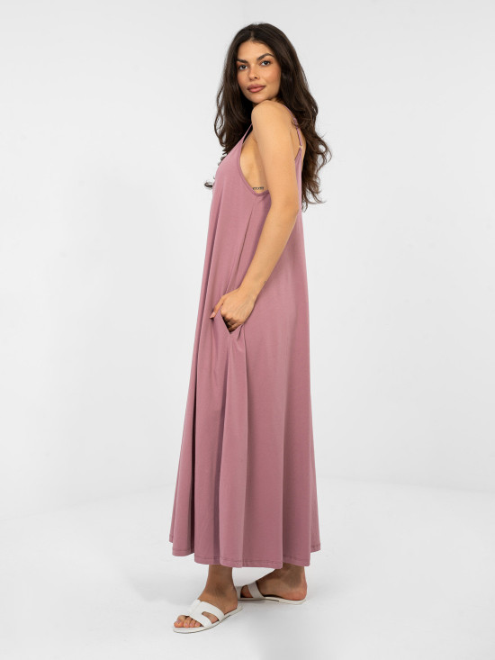 Maxi letnia sukienka z dekoltem V i kieszeniami, ciemnoróżowa