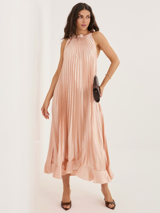 Koktajlowa sukienka midi z falbaną i wiązaniem