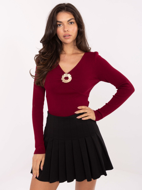 Bordowy elegancki sweter z dekoltem w serek