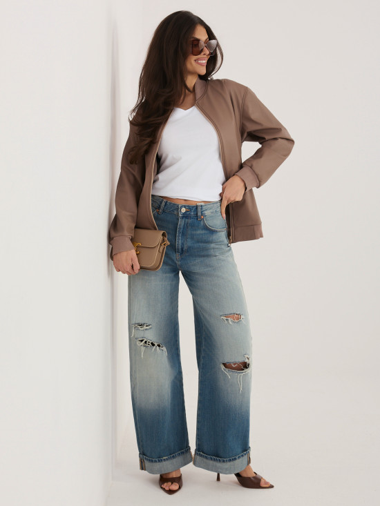 Beżowa kurtka przejściowa z ekoskóry ze stójką