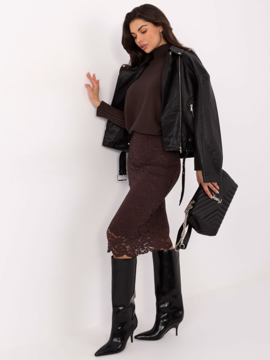 Elegancka spódnica midi z koronką i podszewką, brązowa