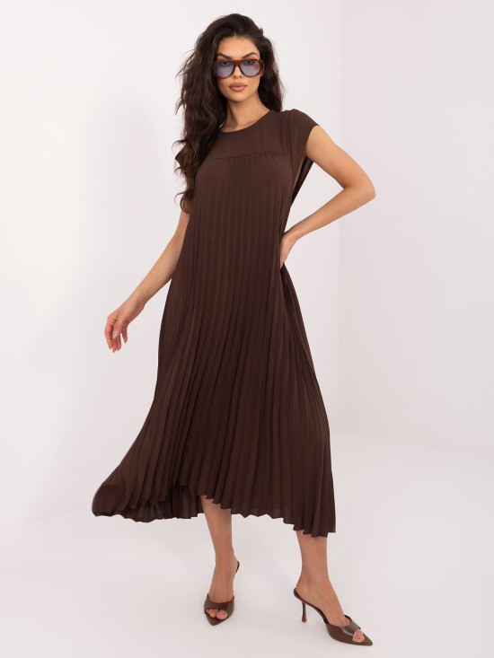 Brązowa midi sukienka koktajlowa bez rękawów