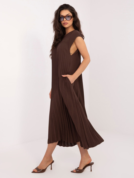Brązowa midi sukienka koktajlowa bez rękawów