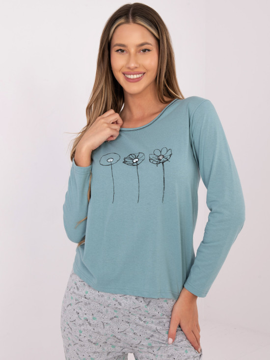 Damska bawełniana piżama z nadrukiem, miętowa