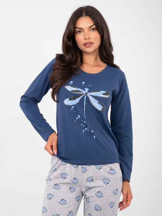 Damska bawełniana piżama z długim rękawem, ciemnoniebieska