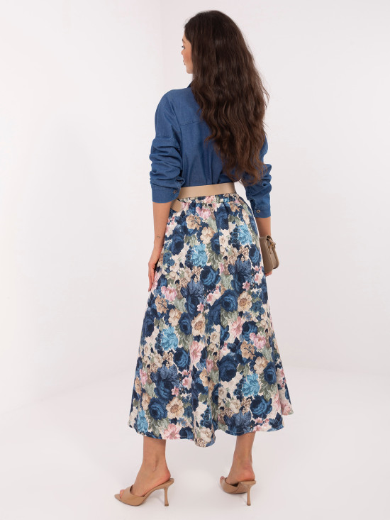 Elegancka spódnica midi w kwiaty z paskiem, ciemny niebieski