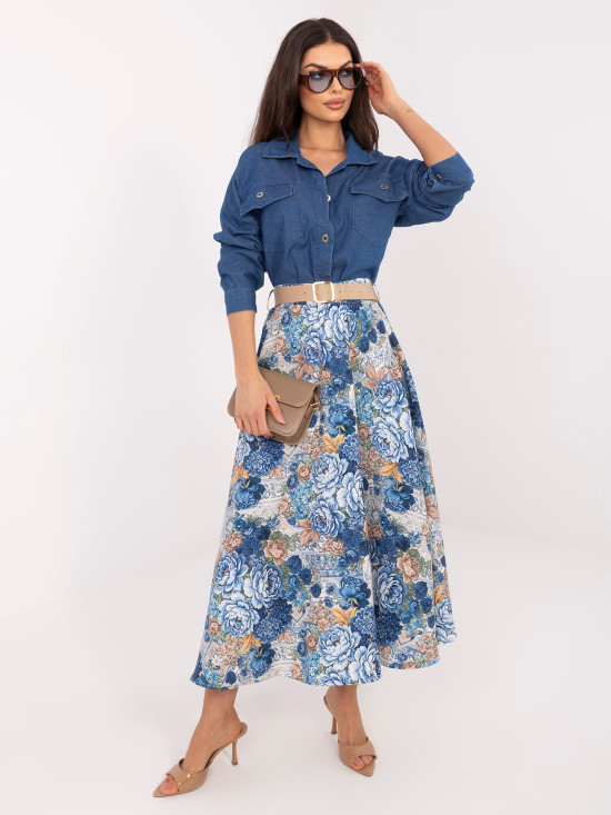 Elegancka spódnica midi w kwiaty z paskiem, ciemny niebieski