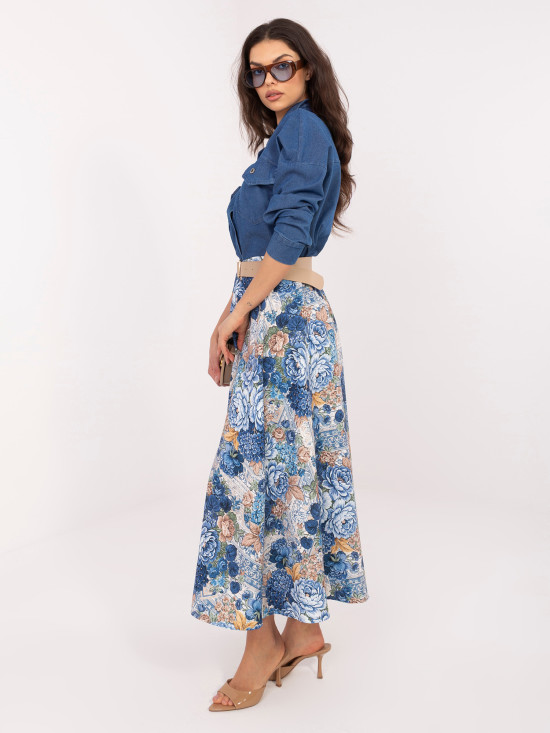 Elegancka spódnica midi w kwiaty z paskiem, ciemny niebieski