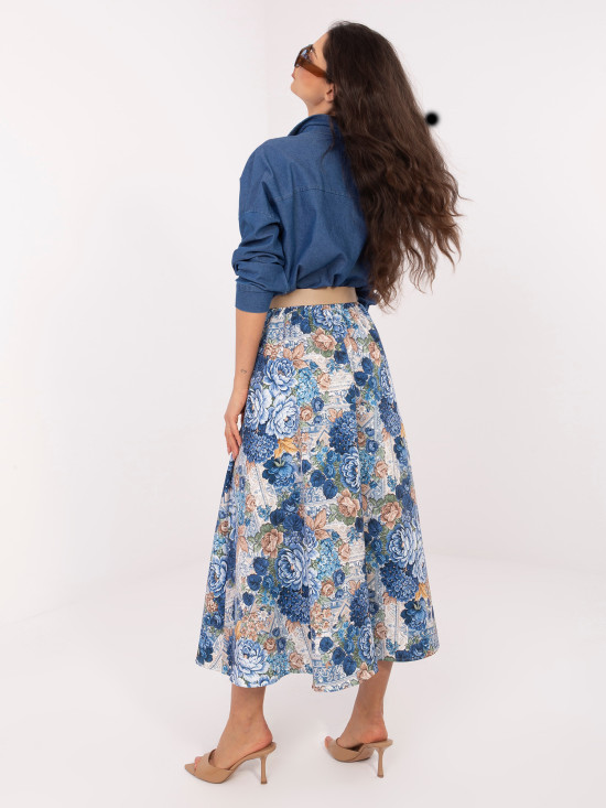 Elegancka spódnica midi w kwiaty z paskiem, ciemny niebieski