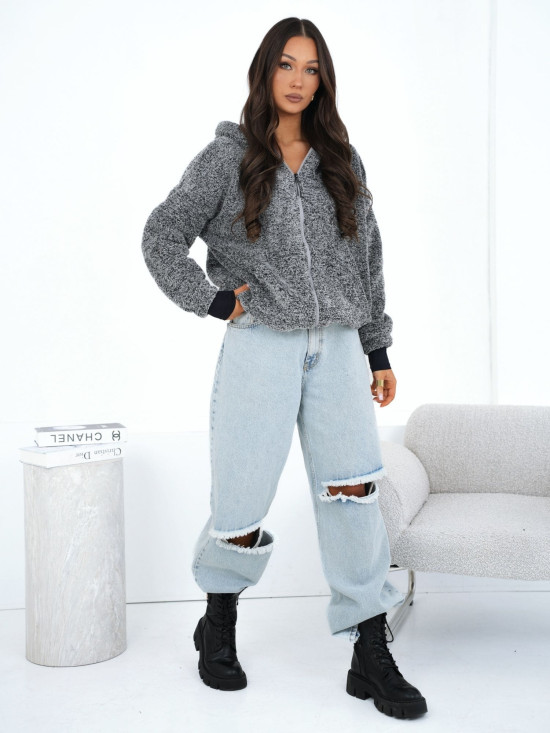 Damska szara bluza z kapturem na suwak