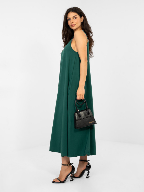 Ciemnozielona letnia maxi sukienka na ramiączkach