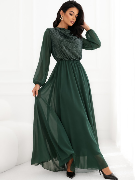 Elegancka ciemnozielona sukienka maxi z cekinami