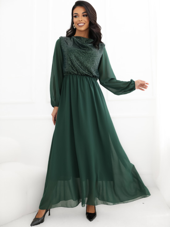 Elegancka ciemnozielona sukienka maxi z cekinami