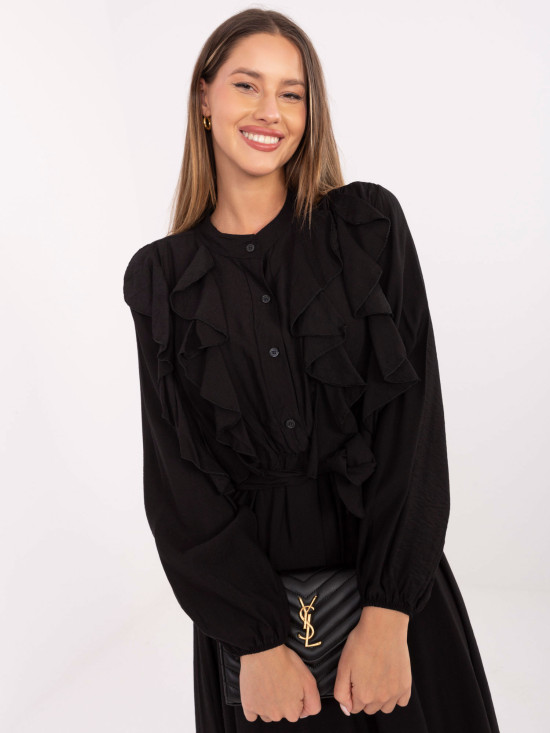 Czarna midi sukienka koszulowa z falbanami i paskiem