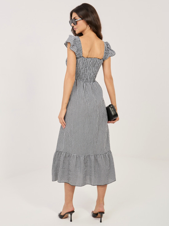 Czarna sukienka midi z falbaną i kratką