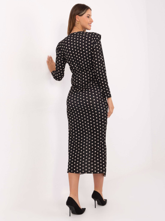 Czarna midi sukienka ołówkowa w grochy z kopertowym dekoltem