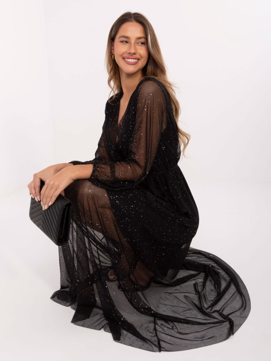 Czarna maxi sukienka z paskiem i aplikacją