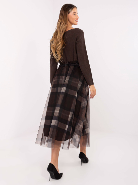Czarno-brązowa elegancka spódnica midi w kratkę