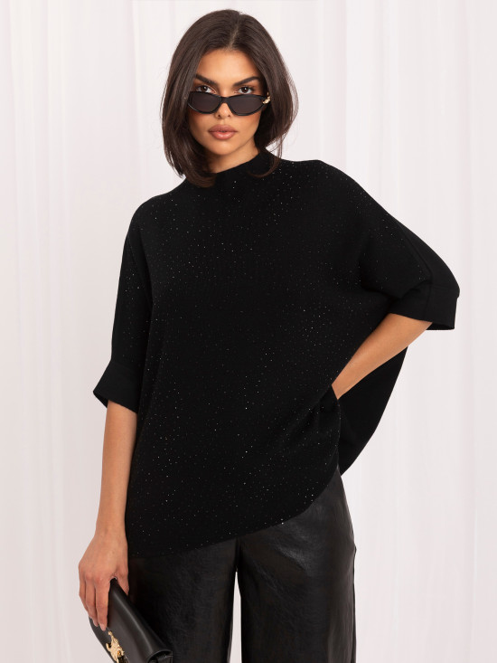Elegancki czarny sweter z aplikacją i półgolfem
