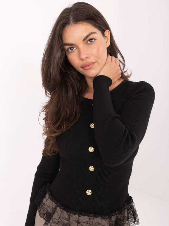 Czarny elegancki sweter z koronką i guzikami