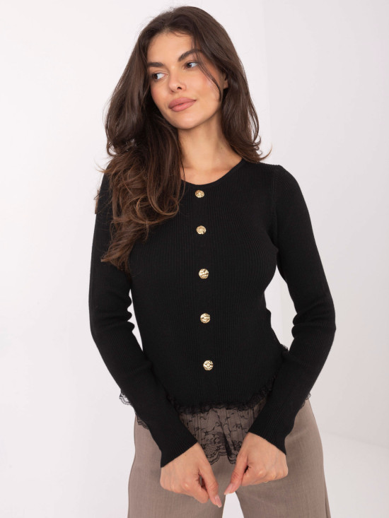 Czarny elegancki sweter z koronką i guzikami