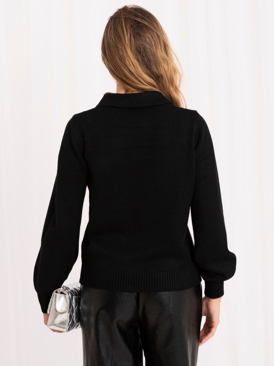 Czarny elegancki sweter polo z kołnierzykiem i guzikami