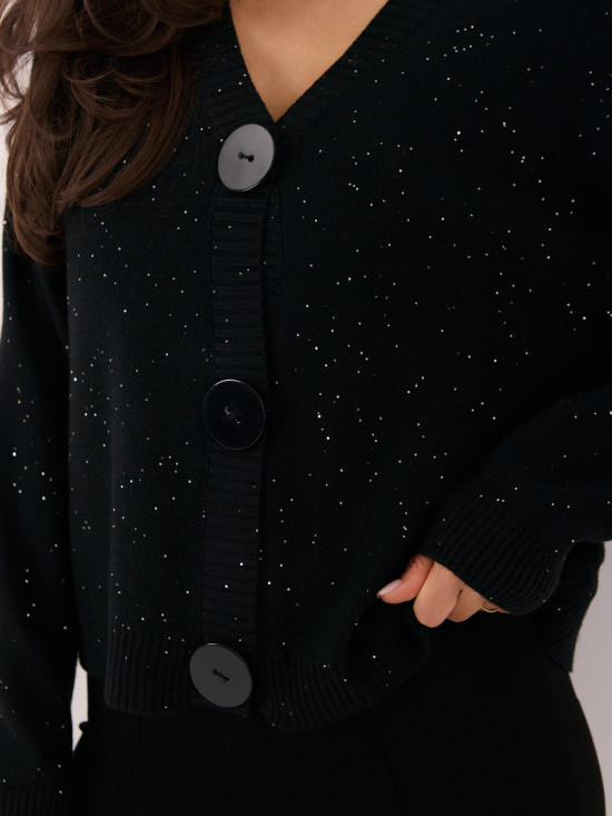 Elegancki czarny sweter z cekinami i guzikami