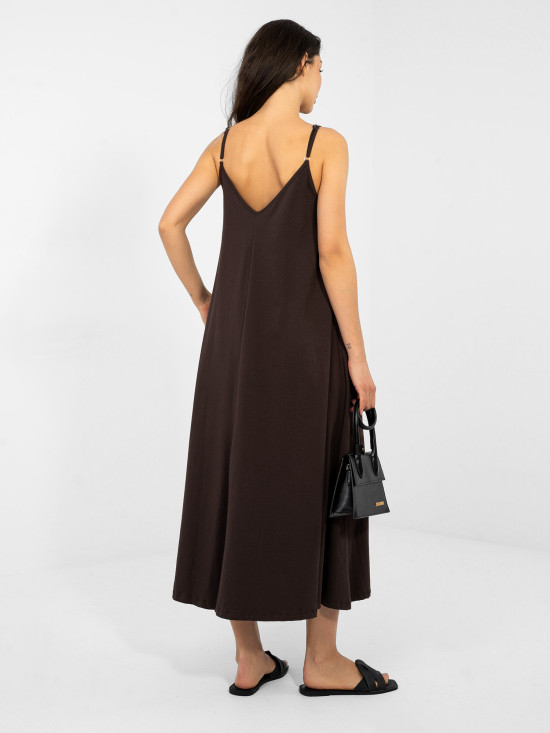 Maxi letnia sukienka z dekoltem V, brązowa