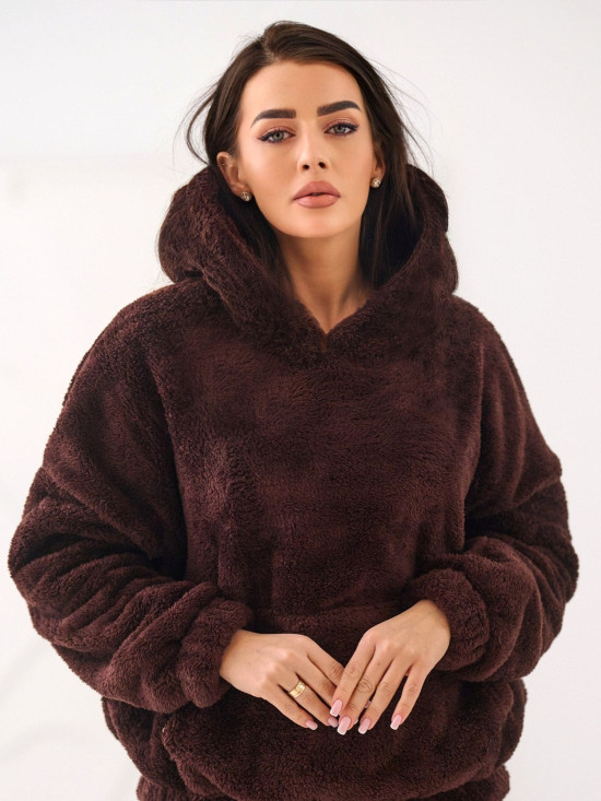 Damska brązowa bluza z kapturem i kieszenią