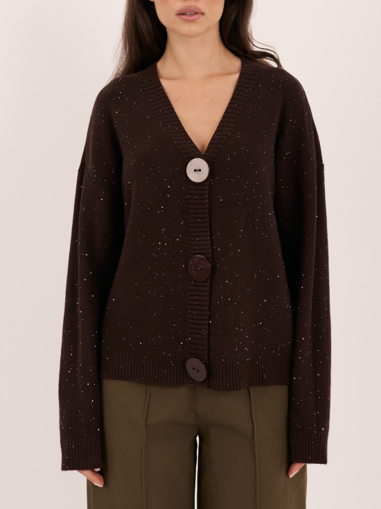 Elegancki brązowy sweter z cekinami i guzikami