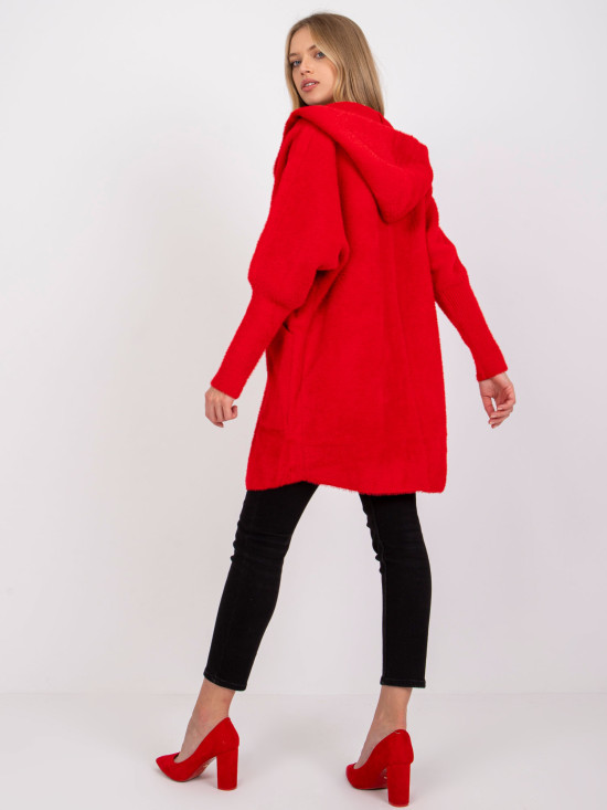 Czerwony płaszcz przejściowy z wełną i angorą, oversize, z kapturem