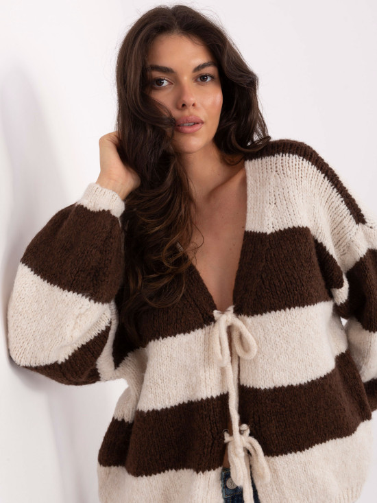 Brązowy sweter w paski z wiązaniem i bufiastym rękawem