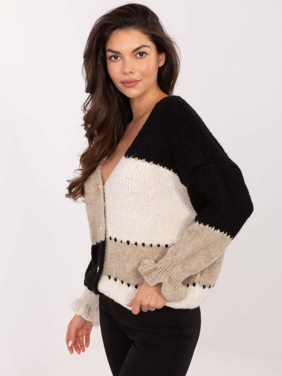 Czarno-beżowy kardigan w paski z falbaną i dekoltem w serek