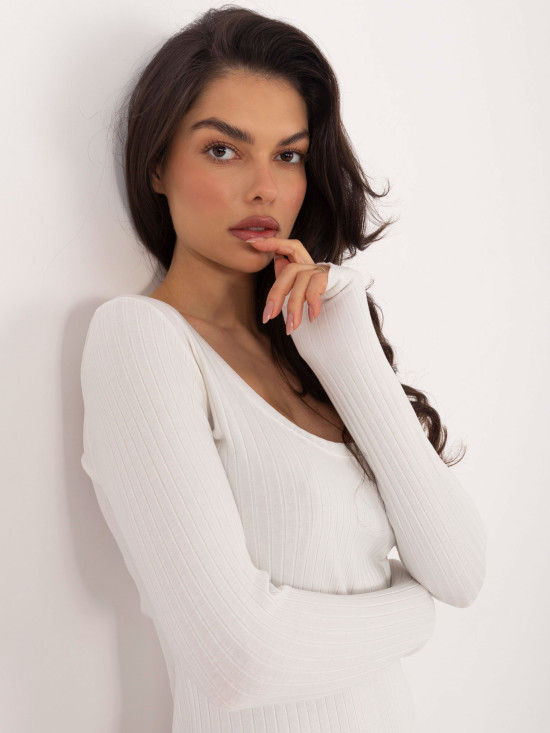 Prążkowane bawełniane body z długim rękawem w kolorze ecru