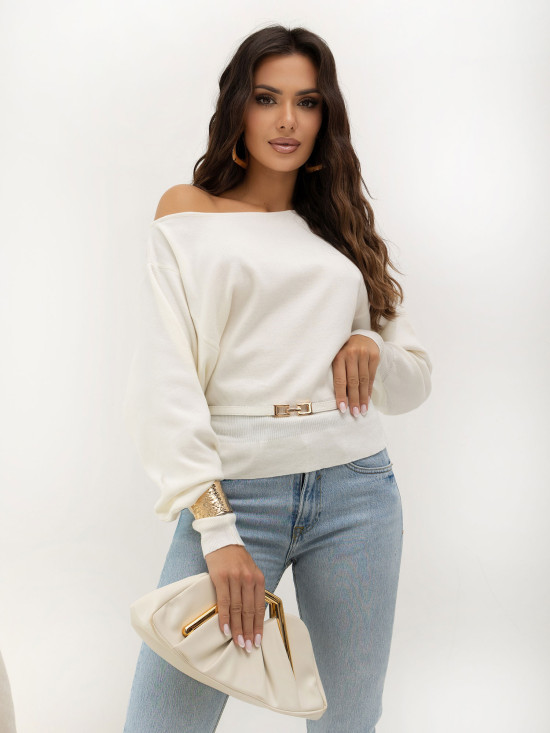 Elegancki sweter ecru z paskiem