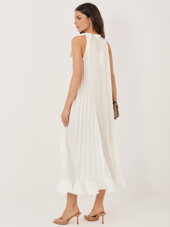 Elegancka sukienka midi z falbaną i wiązaniem, ecru