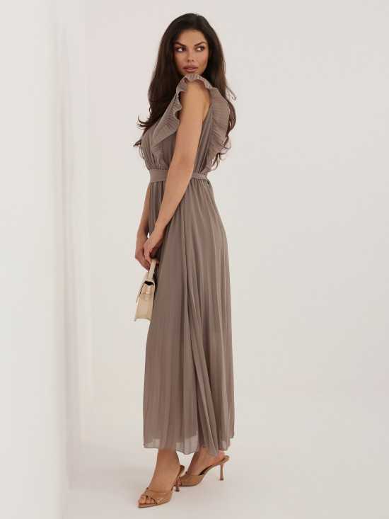 Beżowa rozkloszowana sukienka midi z paskiem