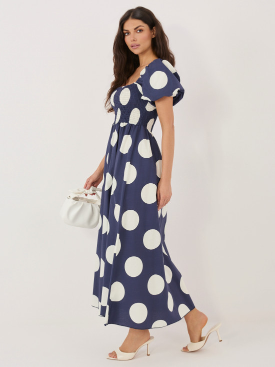 Granatowa maxi sukienka w grochy hiszpanka