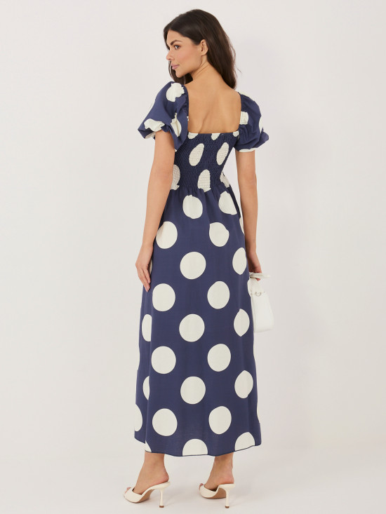 Granatowa maxi sukienka w grochy hiszpanka