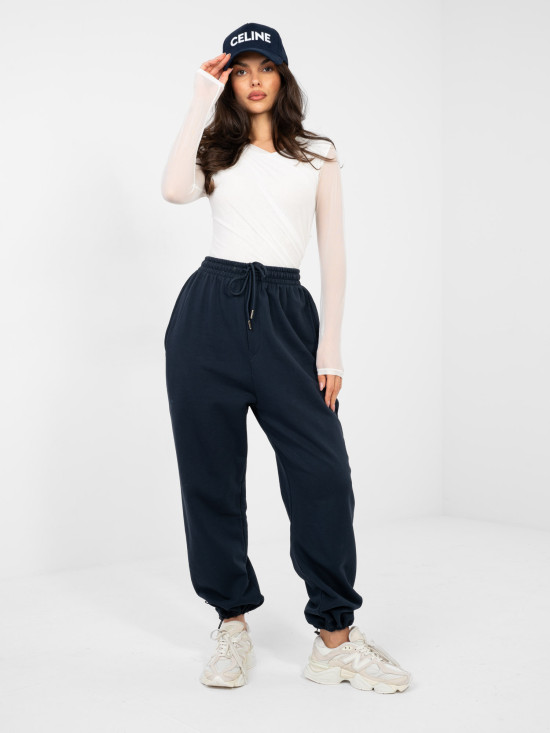 Damskie granatowe spodnie dresowe joggery z wysokim stanem