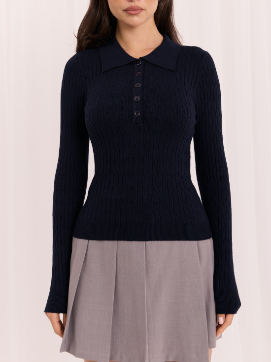 Granatowy sweter polo z kołnierzykiem i guzikami