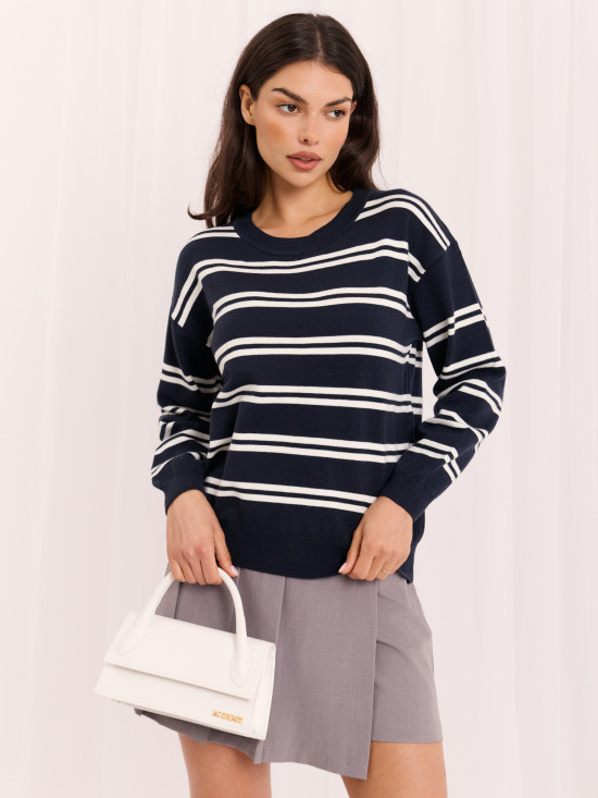 Granatowy sweter w paski z okrągłym dekoltem
