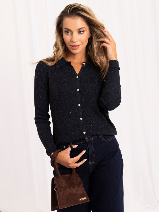 Elegancki granatowy sweter polo z kołnierzykiem