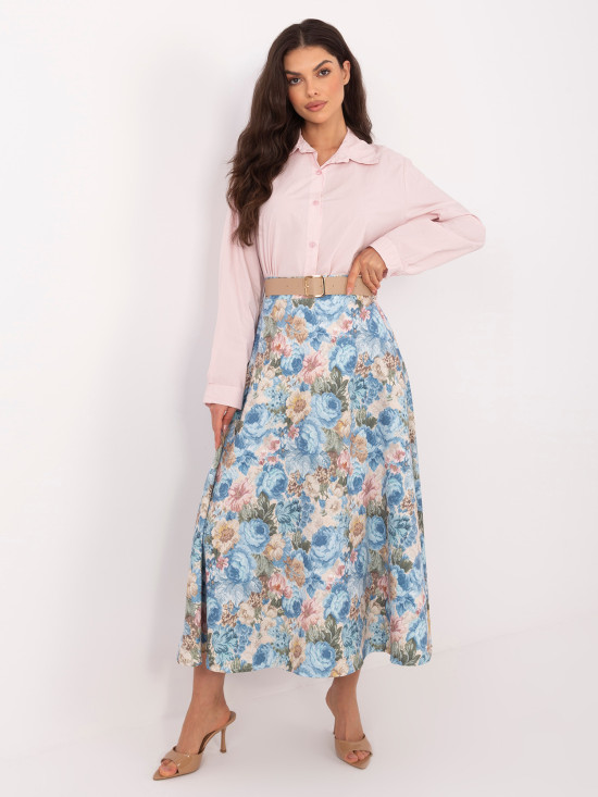 Elegancka spódnica midi w kwiaty z paskiem, jasnoniebieska