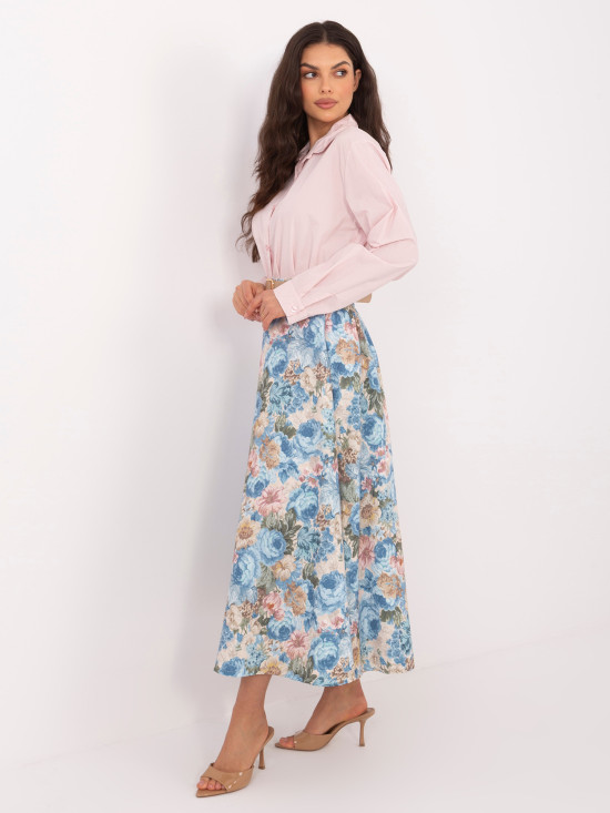 Elegancka spódnica midi w kwiaty z paskiem, jasnoniebieska